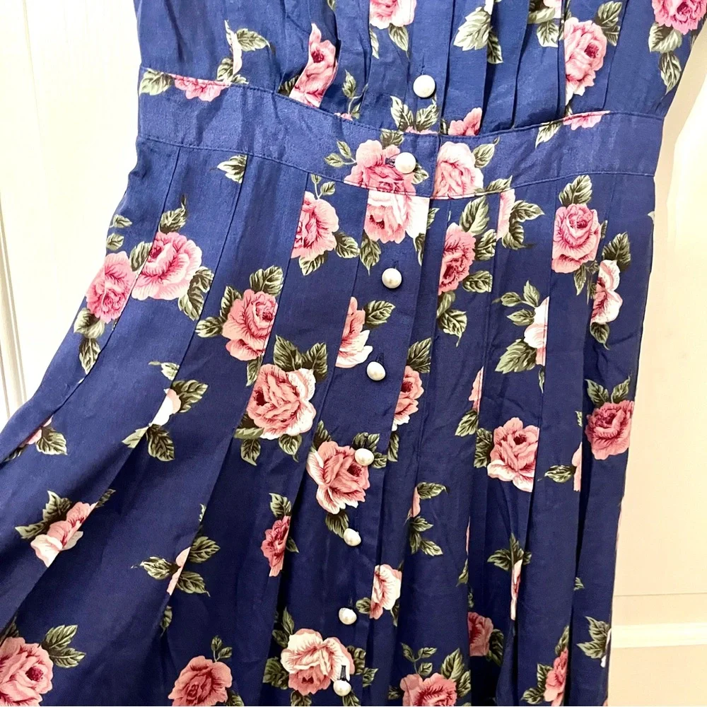 Vintage Plaza South Pleated Pearl Button Floral Dress Cottagecore Blue Pink Sz 6